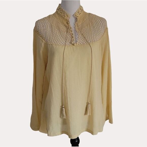Free People The Island Crochet Lace High Neck Blouse Top Natural XS bv - Picture 2 of 11